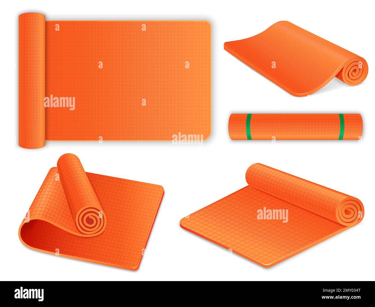 Realistic orange yoga rug mat icons set isolated vector illustration
