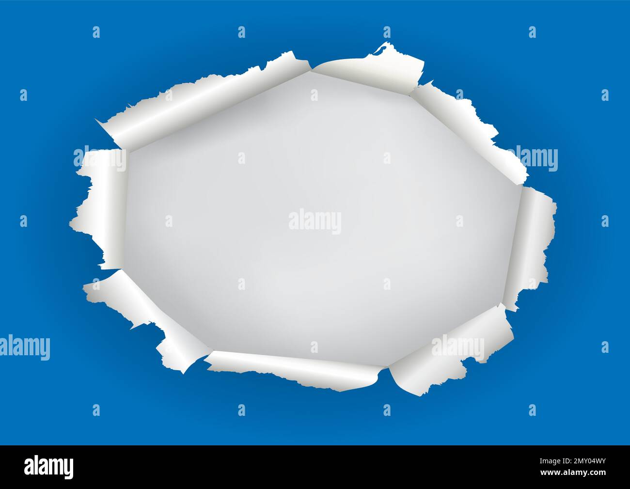 Blue ripped Paper, oval hole, banner template.  Illustration of blue torn paper with white place for your image or text. Vector available. Stock Vector