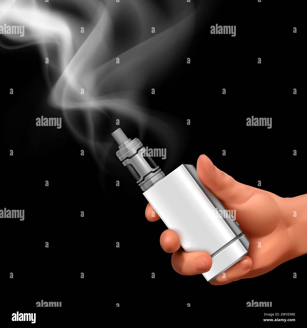 Realistic vape composition with human hand holding vaping device with smoke puff image on black background vector illustration Stock Vector