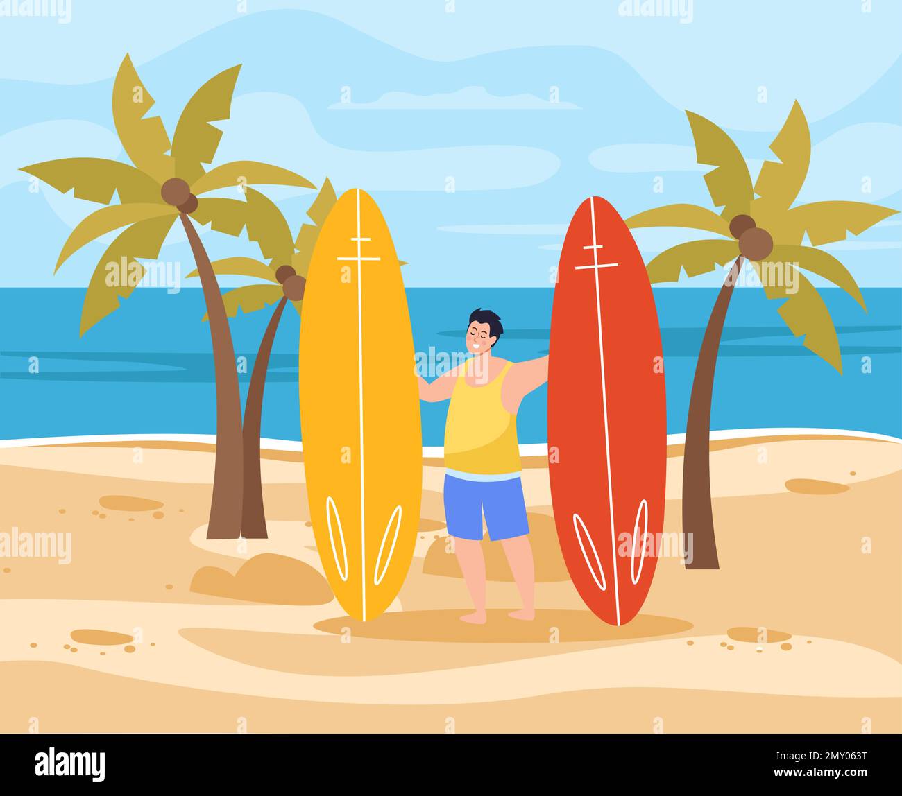 Summer vacation on south beach flat background with happy male character holding two surf boards vector illustration Stock Vector