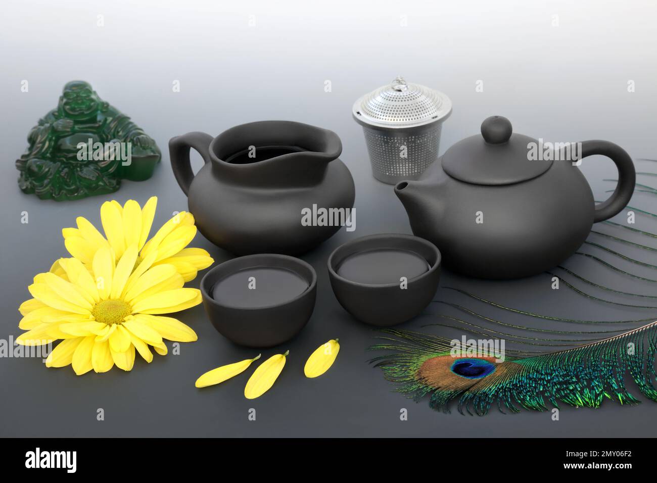 Traditional Japanese tea ceremony with chrysanthemum flowers, ceramic