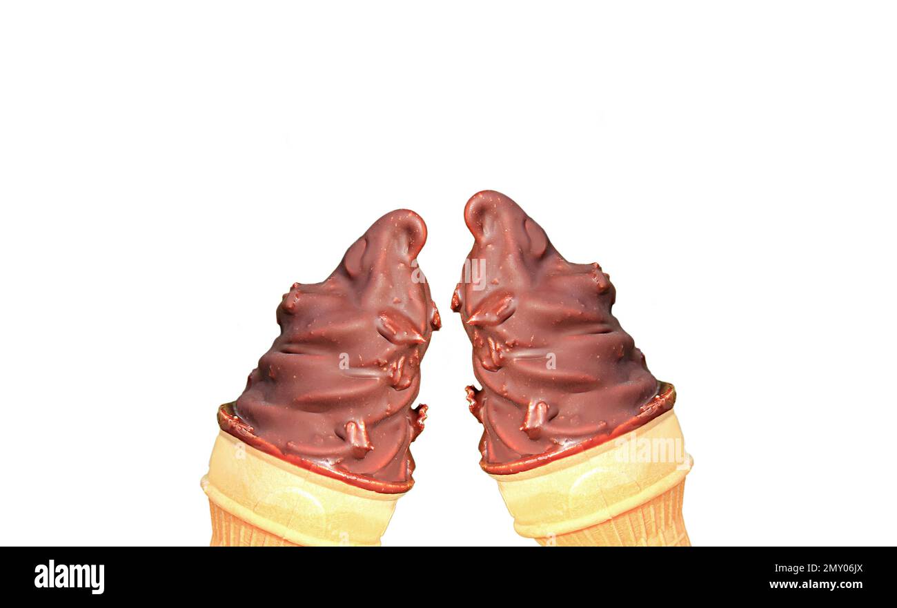 Pair of Chocolate Coated Soft Serve Ice Cream Cones Clinking on White Background Stock Photo