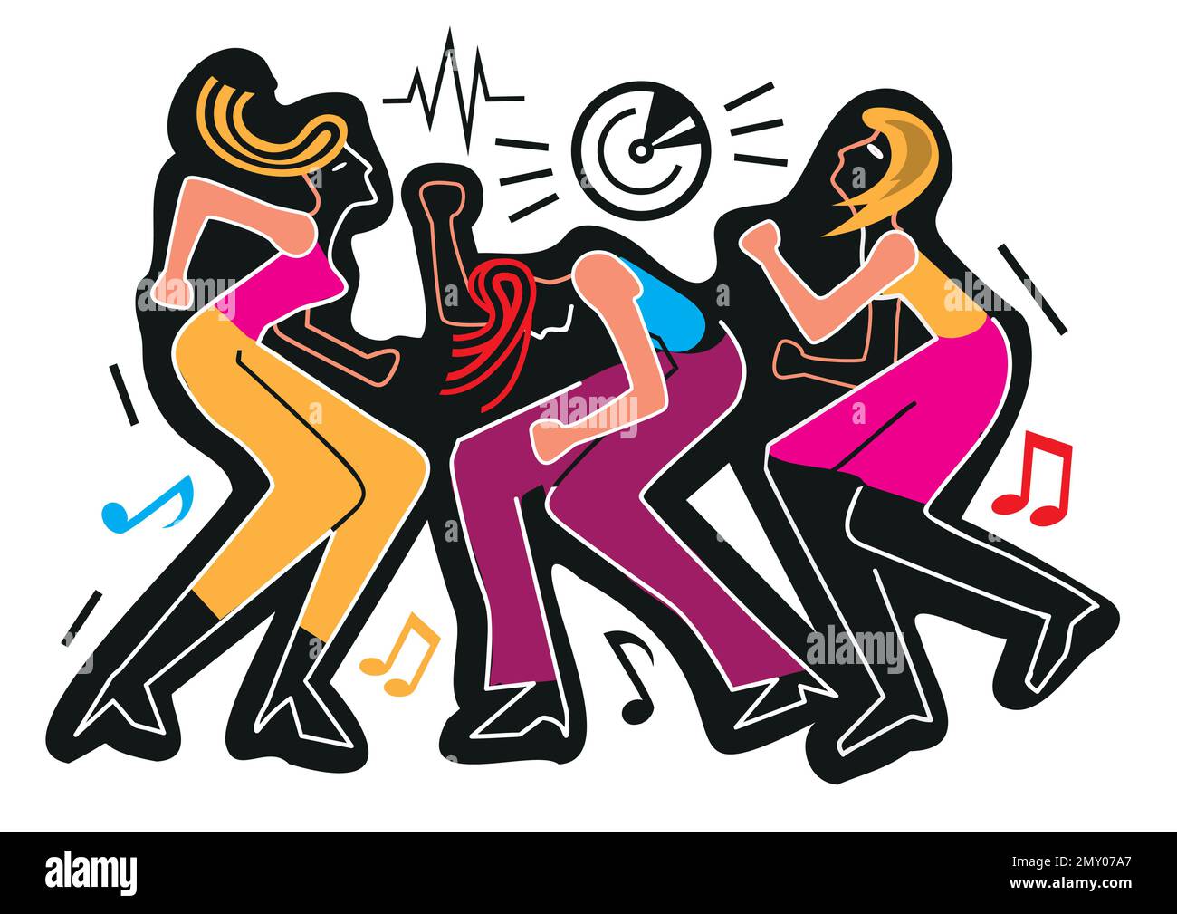 Three dancing girls, wild crazy dance party,cartoon.  Expressive Illustration of dancers with music notes. Isolated on black background. Stock Vector