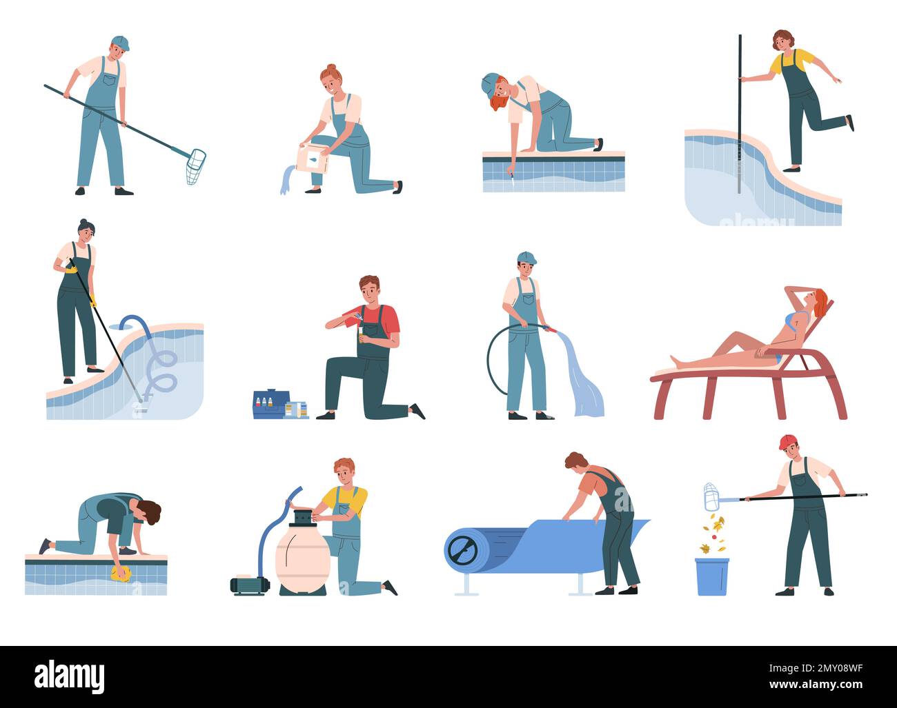 Swimming pool maintenance service workers with equipment flat set