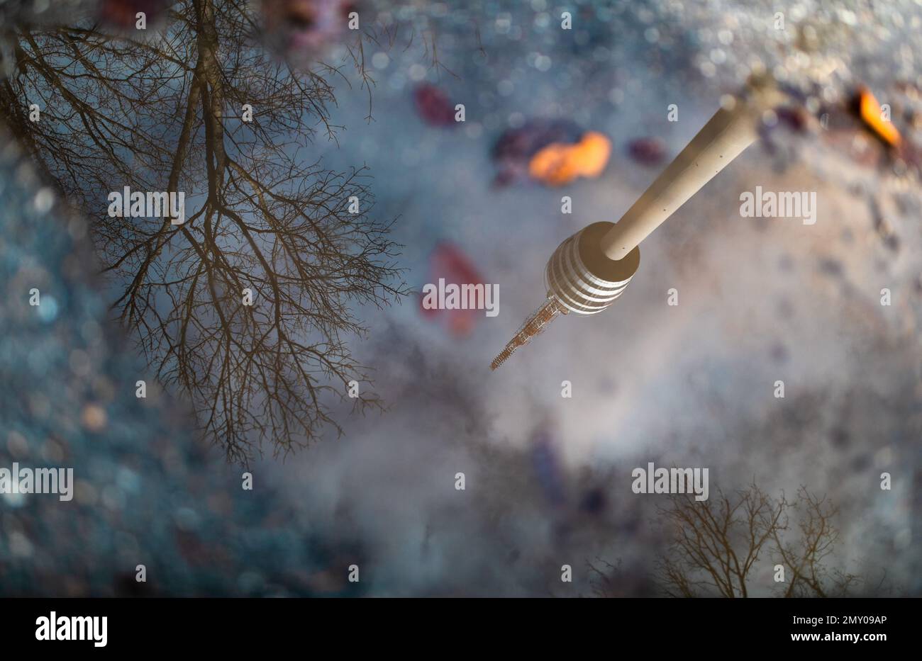 Stuttgart, Germany. 04th Feb, 2023. The Stuttgart TV tower is reflected in a puddle. Credit: Christoph Schmidt/dpa/Alamy Live News Stock Photo