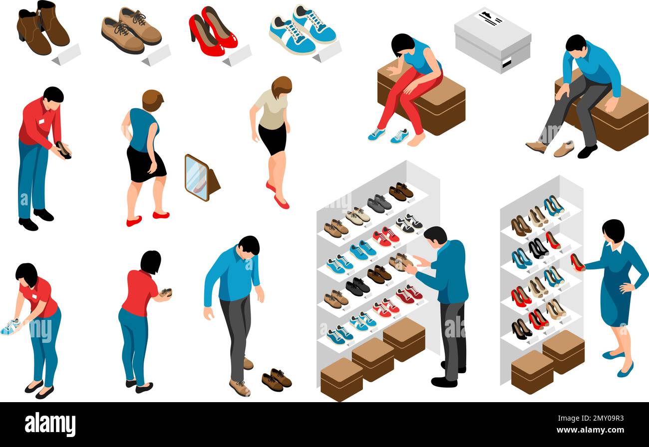 Isometric shoe store icons set with men and women choosing footwear ...