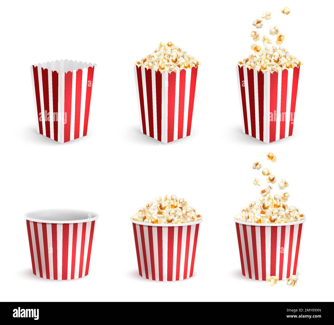 Realistic popcorn icons set with full and empty cardboard packs and