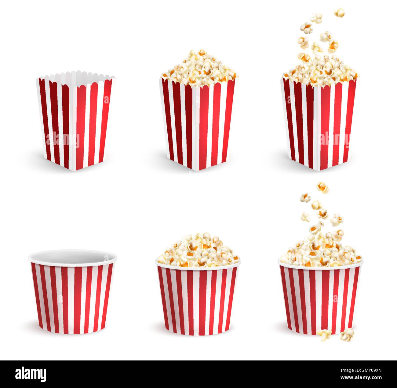 Realistic popcorn icons set with full and empty cardboard packs and buckets isolated vector illustration Stock Vector