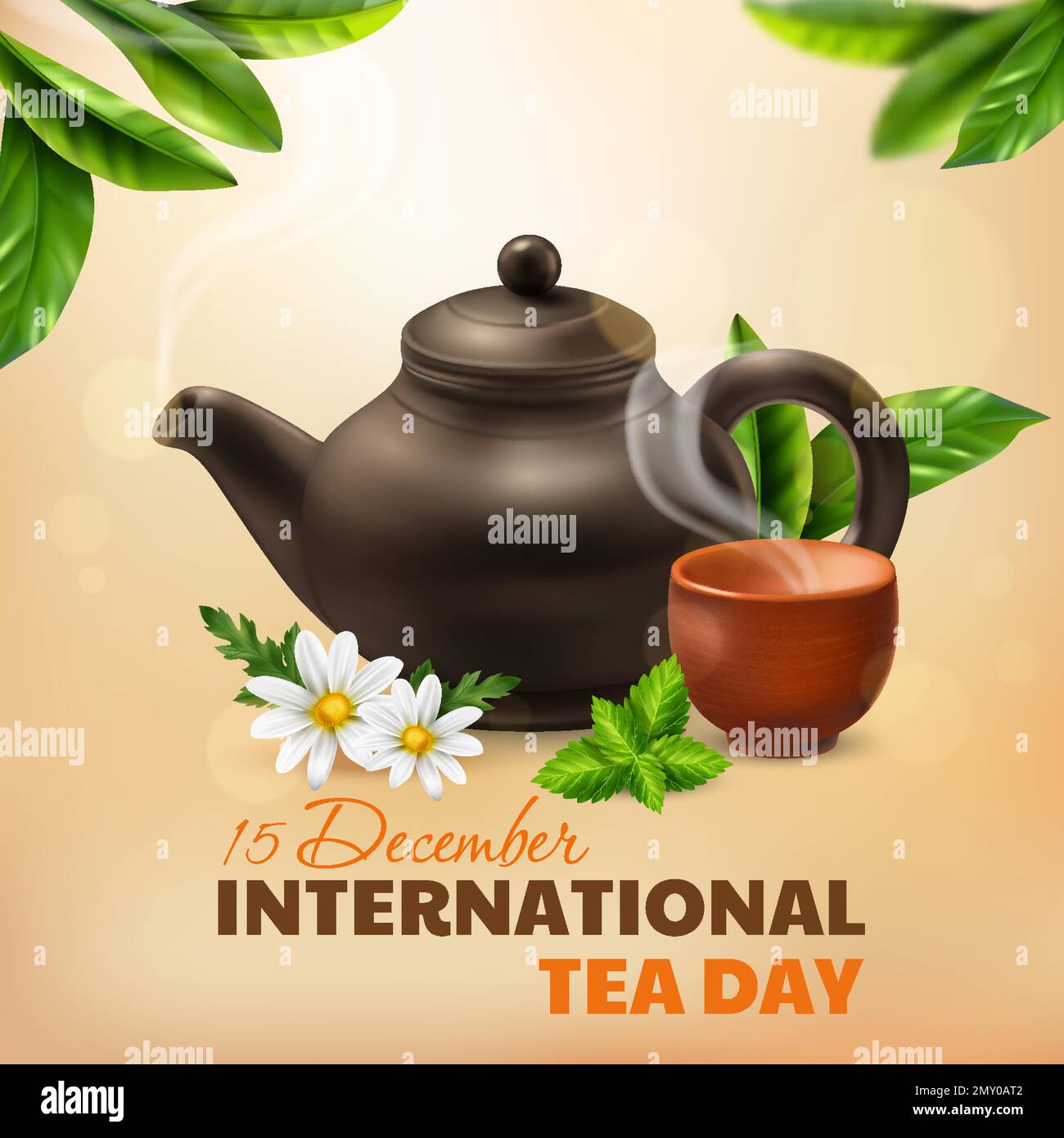 International tea day poster with clay teapot and steaming cup
