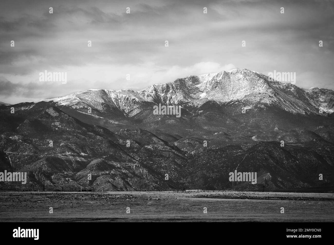 Pikes Peak and the Rocky Mountains as seen from Falcon, Colorado. Stock Photo