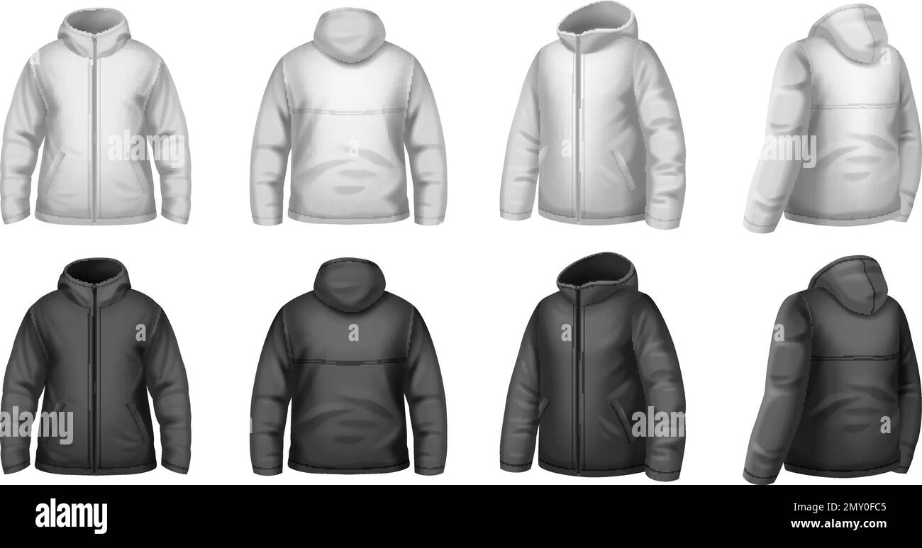 Realistic set of white and black male winter jacket mockups isolated