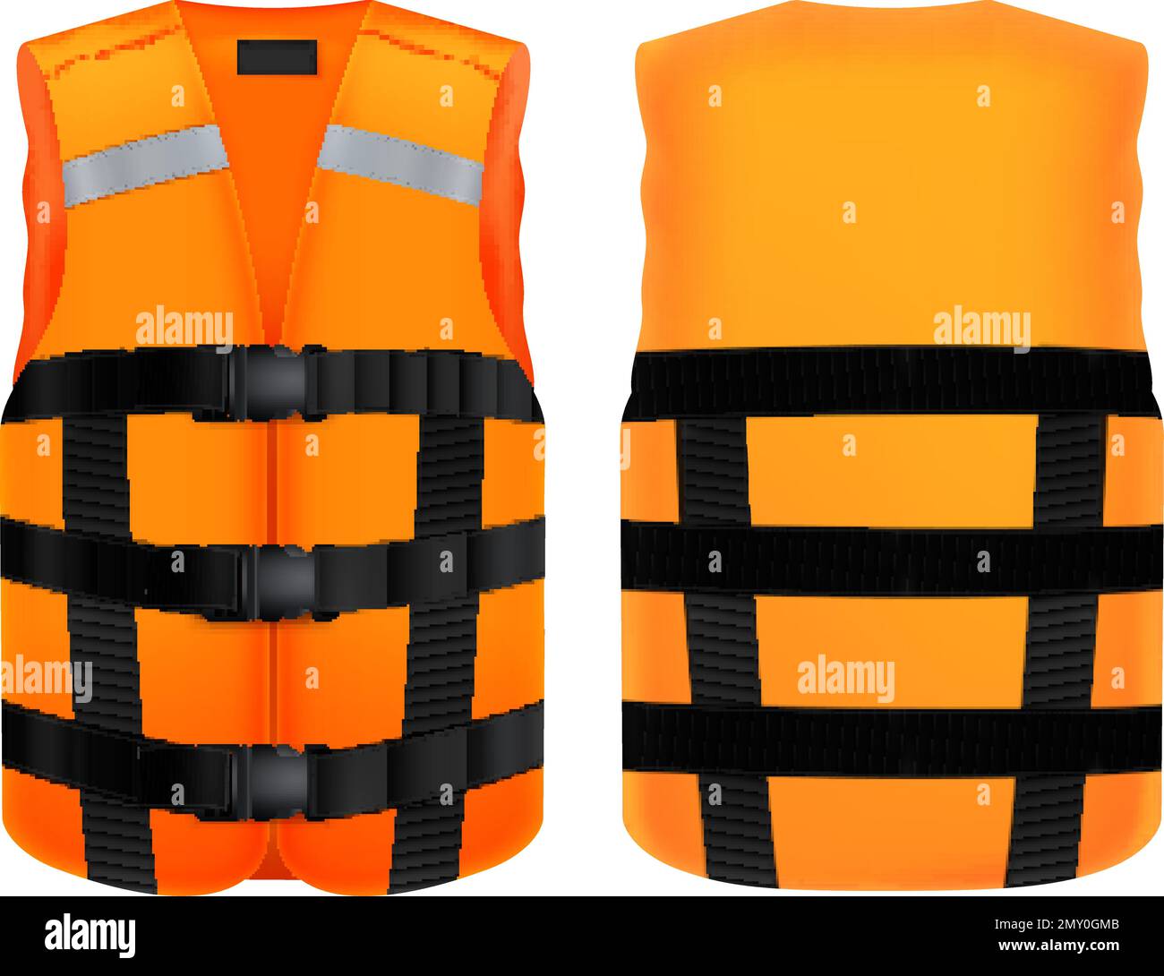Front and back view of orange vest mockup with reflective stripes and ...