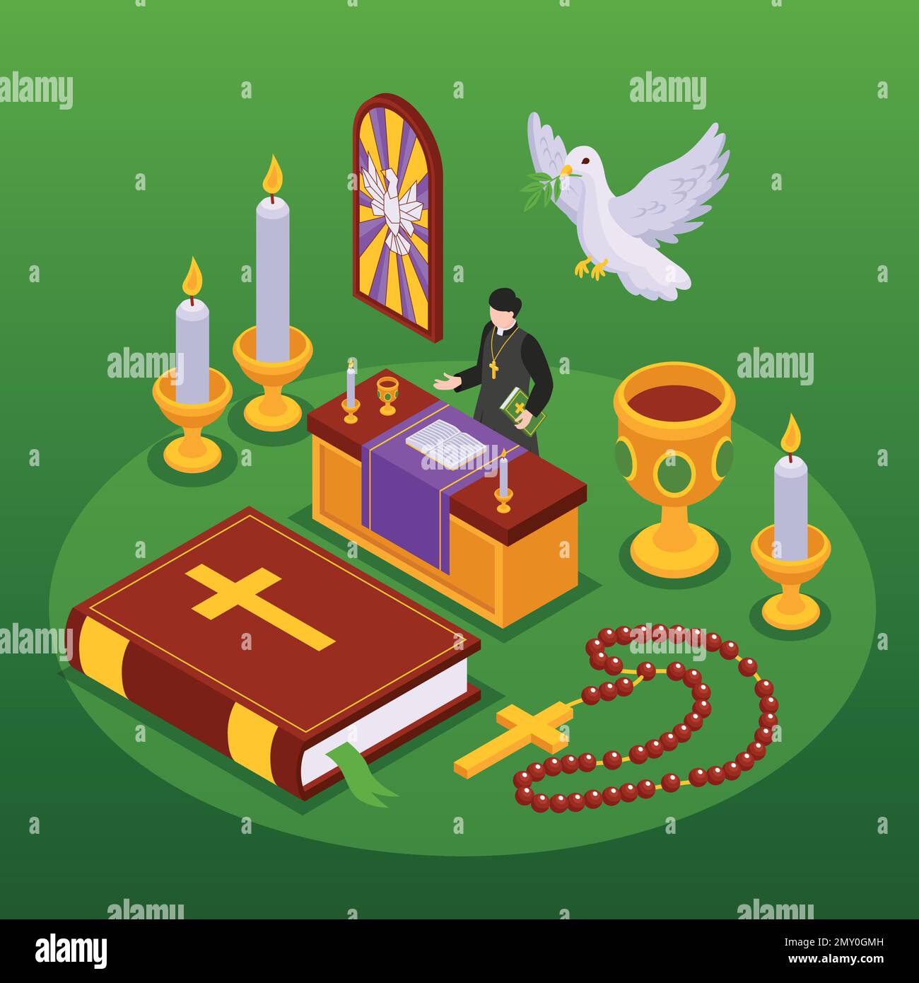 Christianity isometric background with priest preaching sermon bible burning candles cross vector illustration Stock Vector