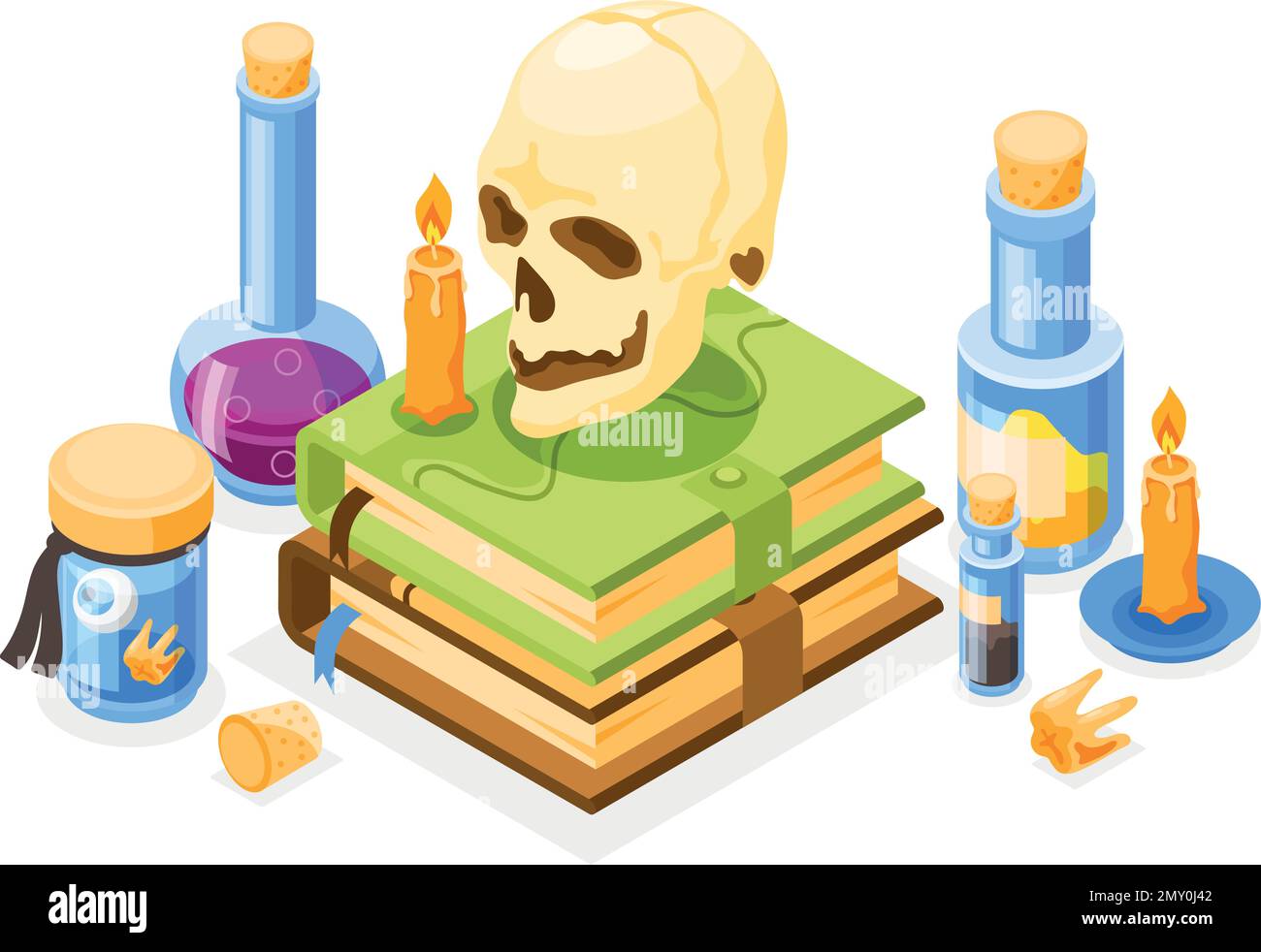 Magical tools for alchemy craft with skull books candles and flasks isometric composition 3d vector illustration Stock Vector