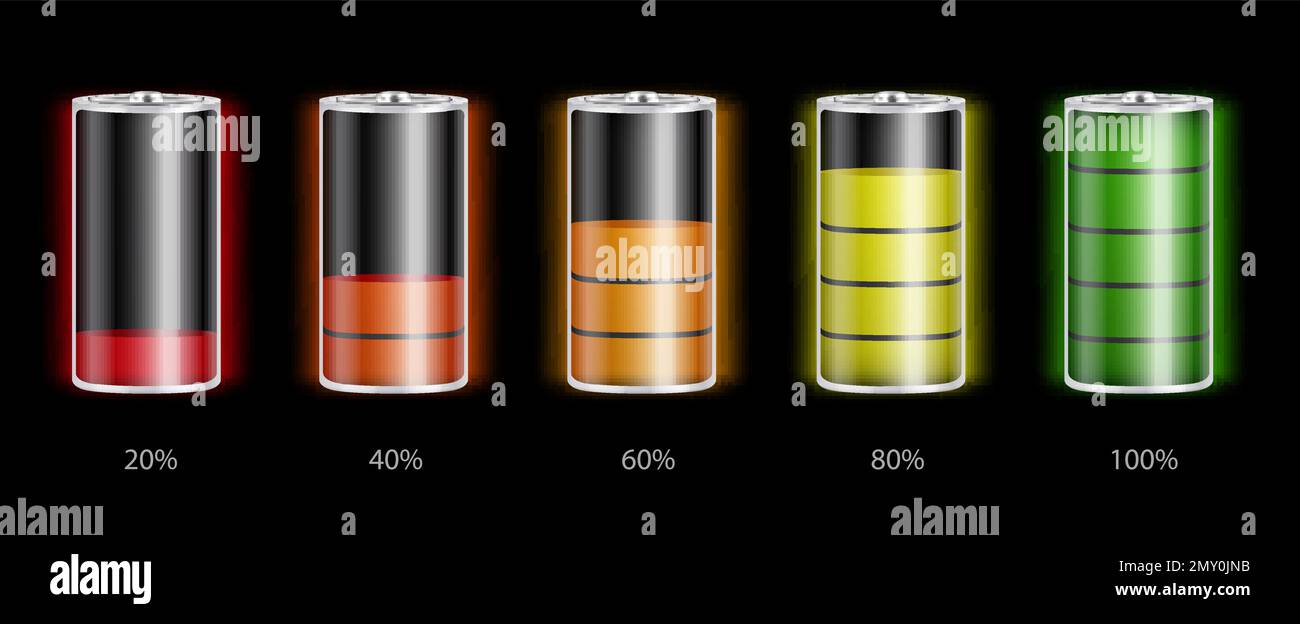 Batteries with different charge levels realistic set isolated on black