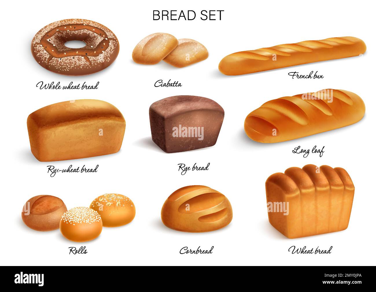 Realistic bread icon set with whole wheat rye rye wheat breads ciabatta