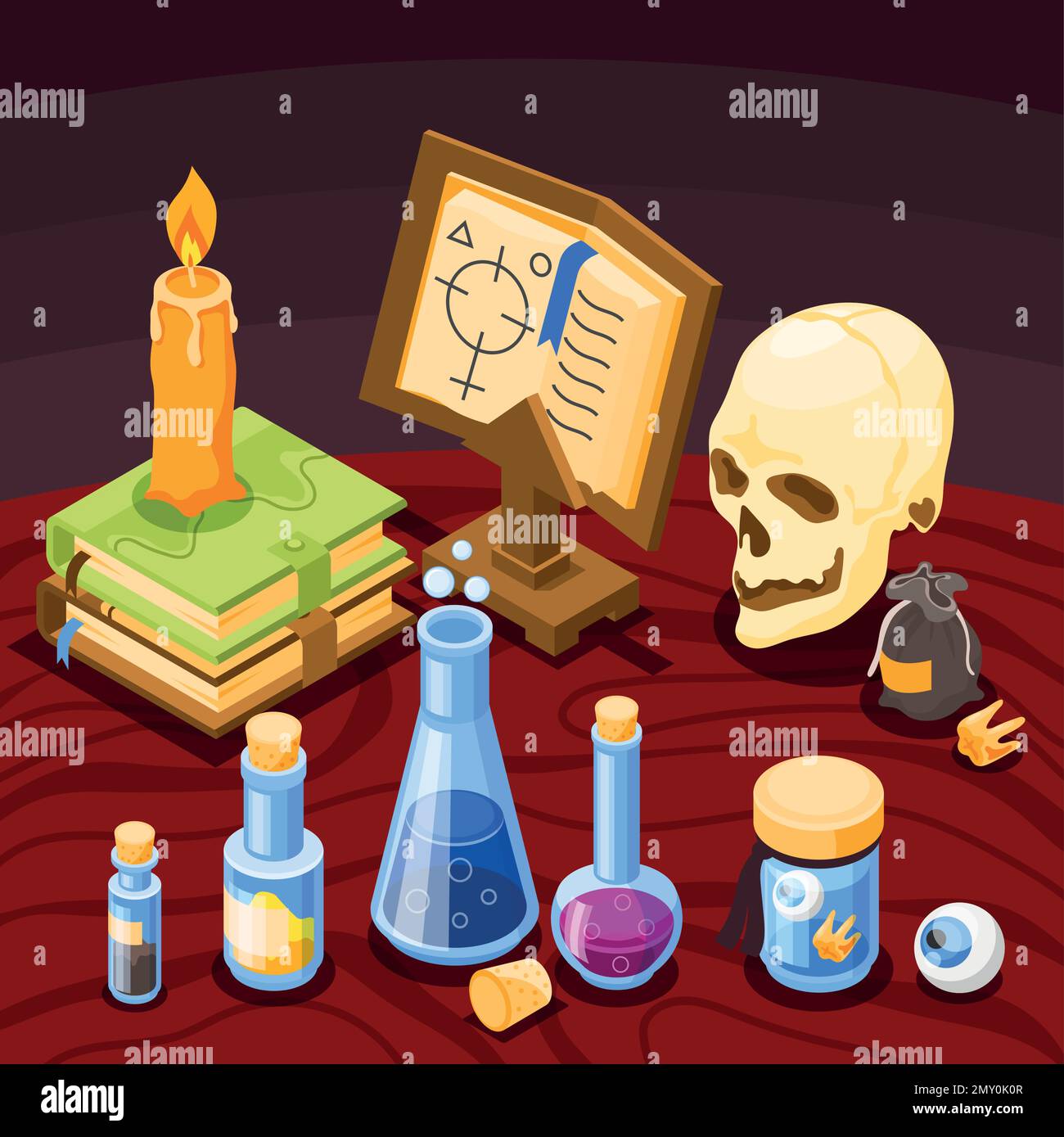 Alchemy magical tools with skull old books candle flasks isometric background 3d vector illustration Stock Vector