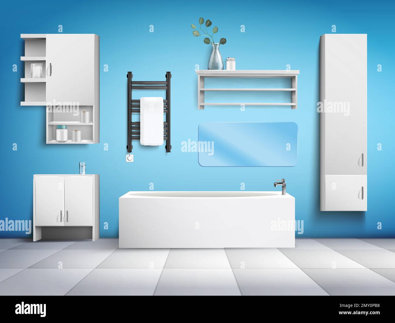 Bathroom interior with modern furniture white bathtub electric heated ...