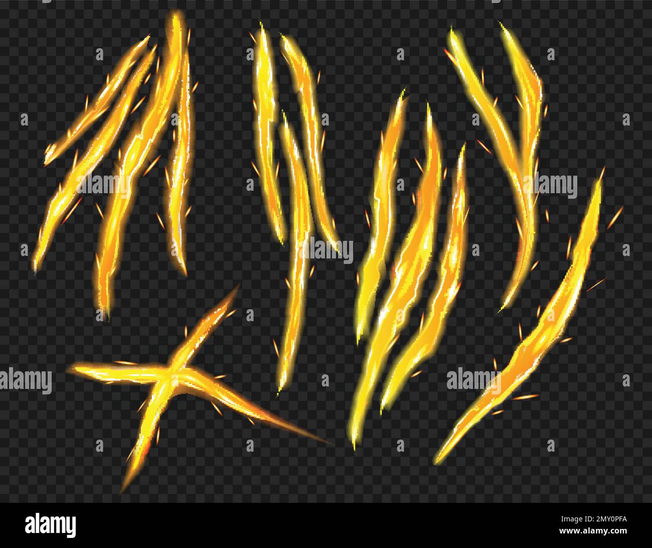 Realistic claws scratches monster set with sparkling scrapes filled with fire flames isolated on dark background vector illustration Stock Vector