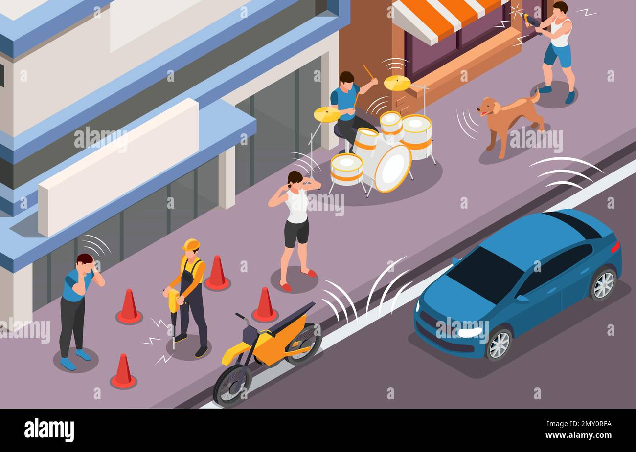 Noise pollution isometric background illustrated loud urban environment