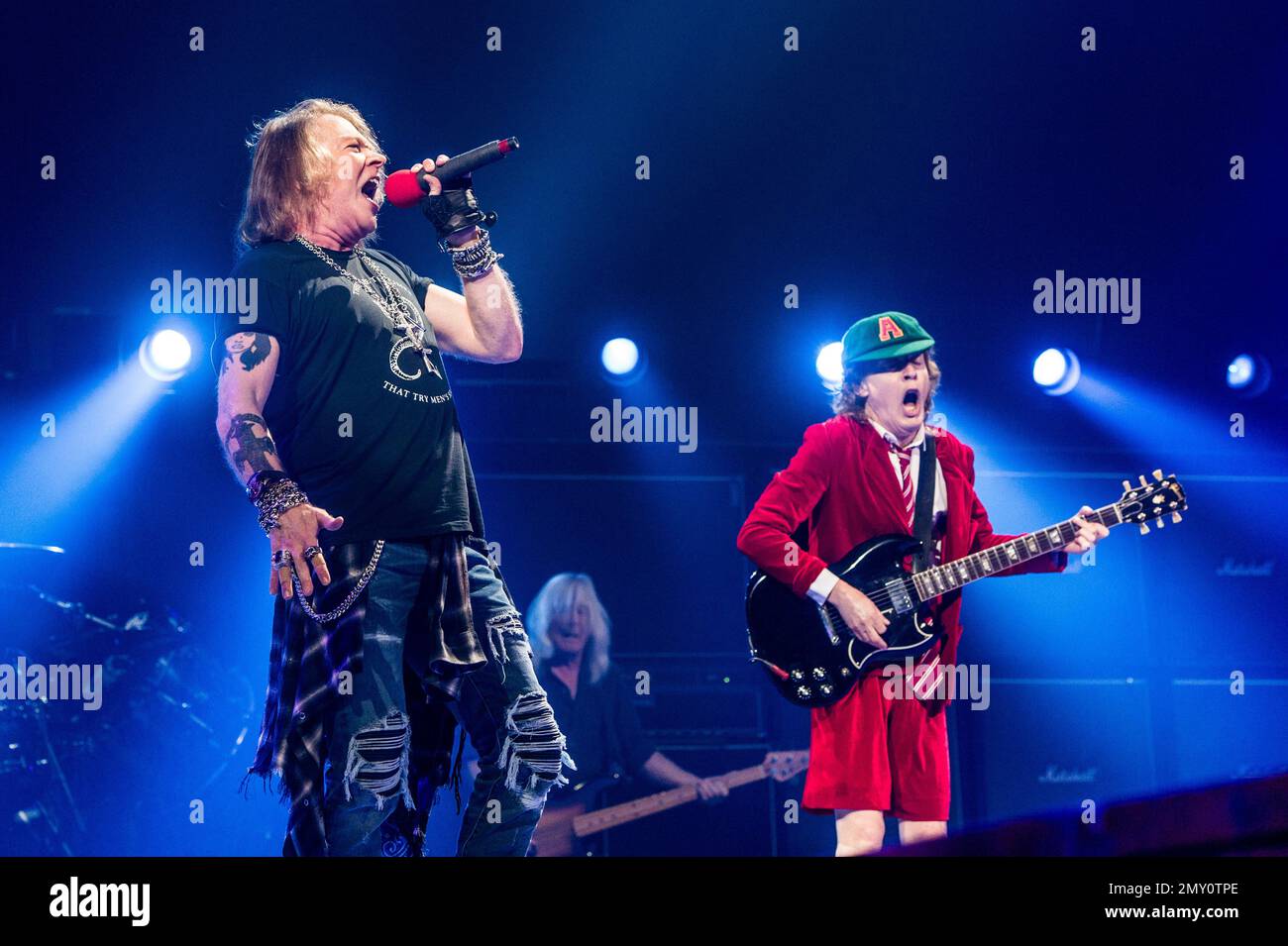Axl Rose, left, and Angus Young of AC/DC performs at Nationwide Arena ...