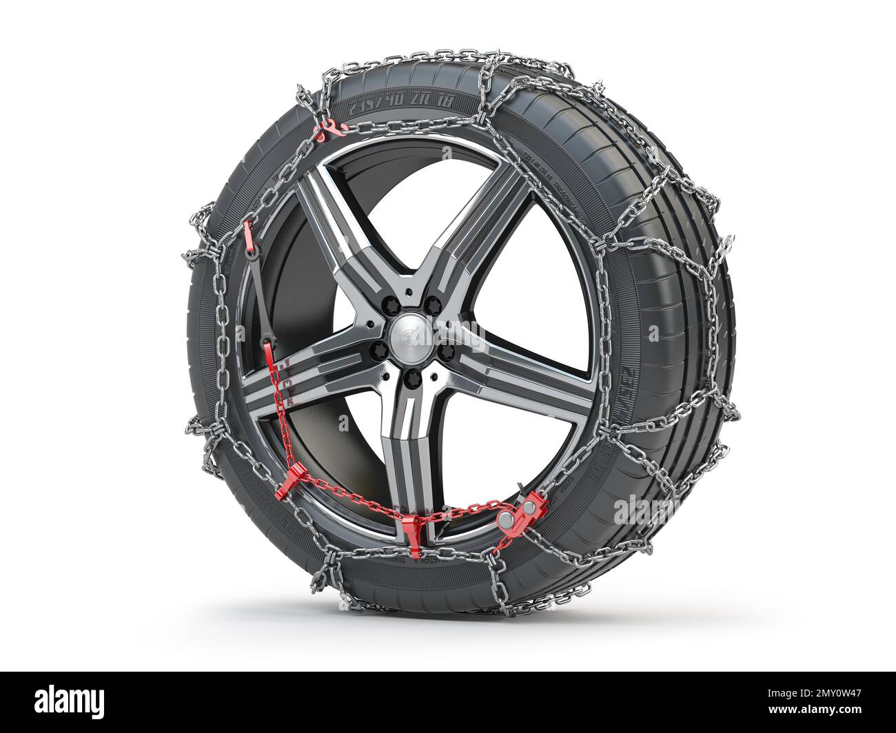 Car wheel with winter tire and snow chain isolated on white background
