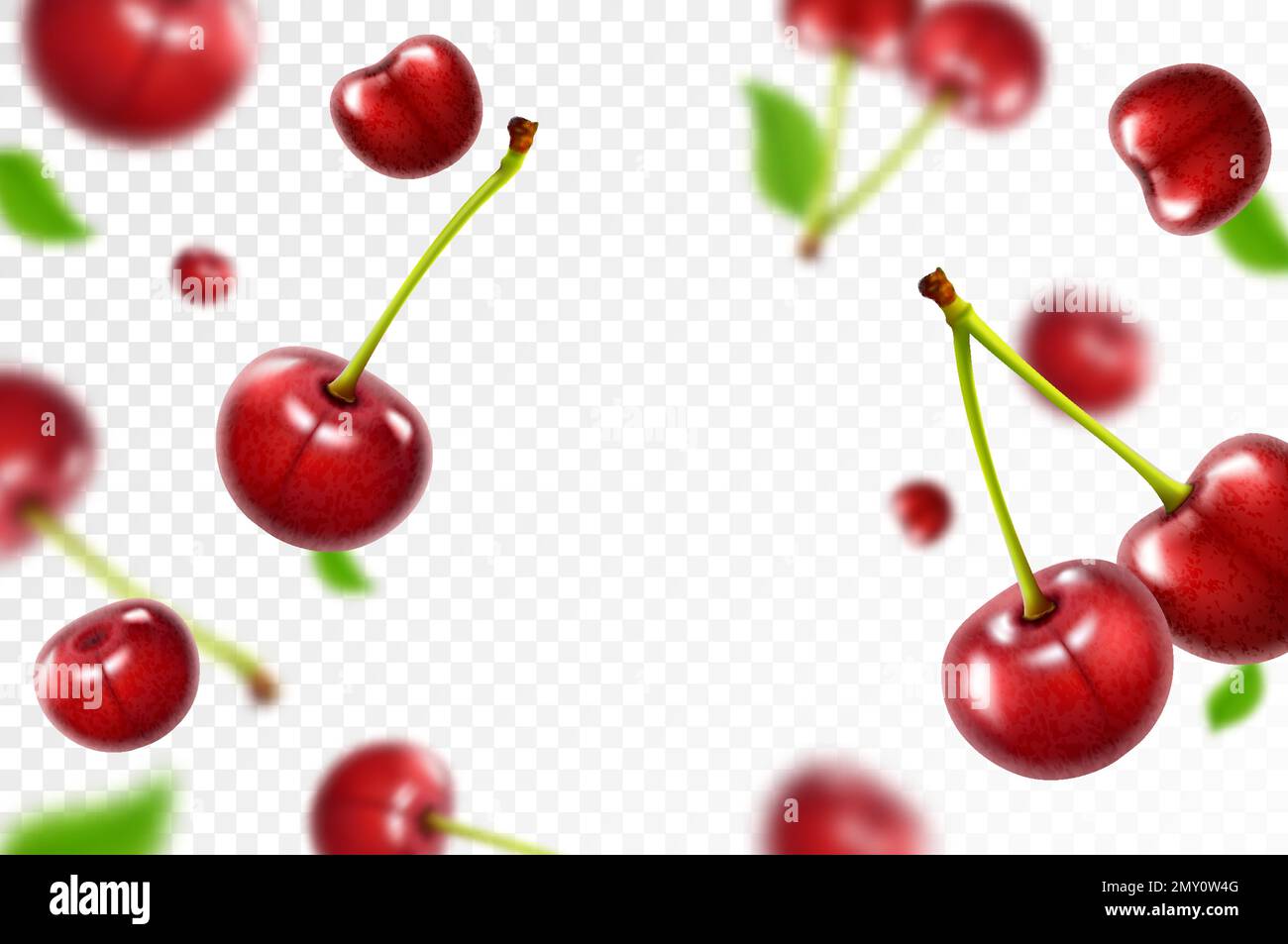 Cherry background. Flying berries with blurry effect. Red cherries