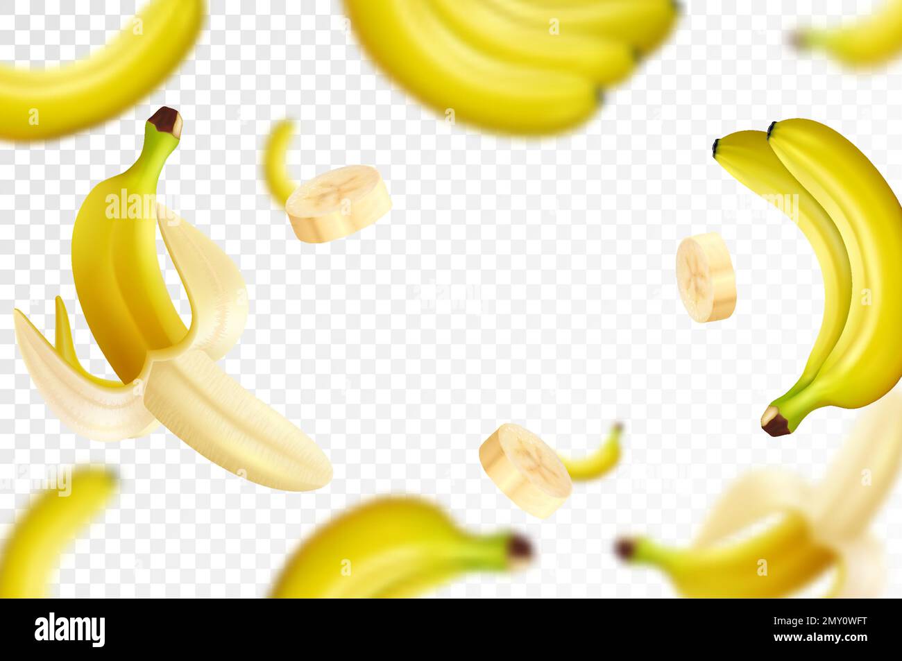 Banana background. Flying bananas are peeled and banana bunches