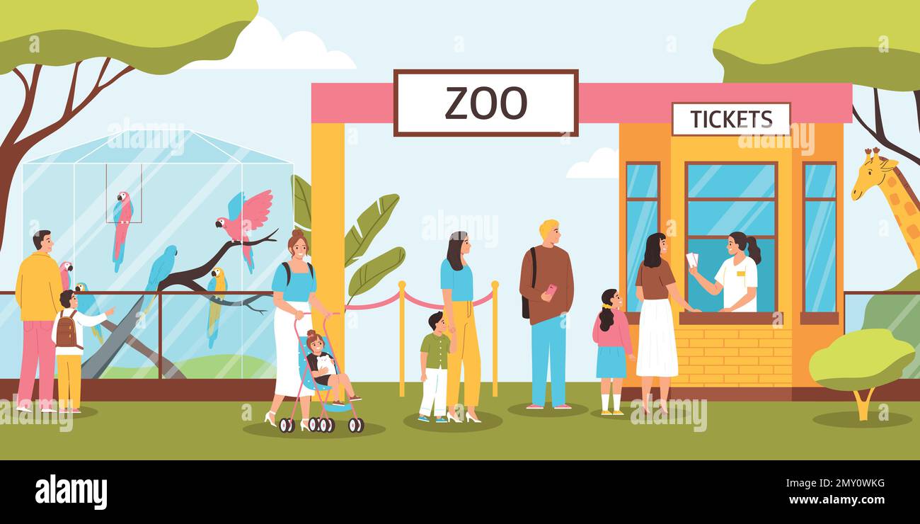 Zoo entrance with people with children standing in queue and buying