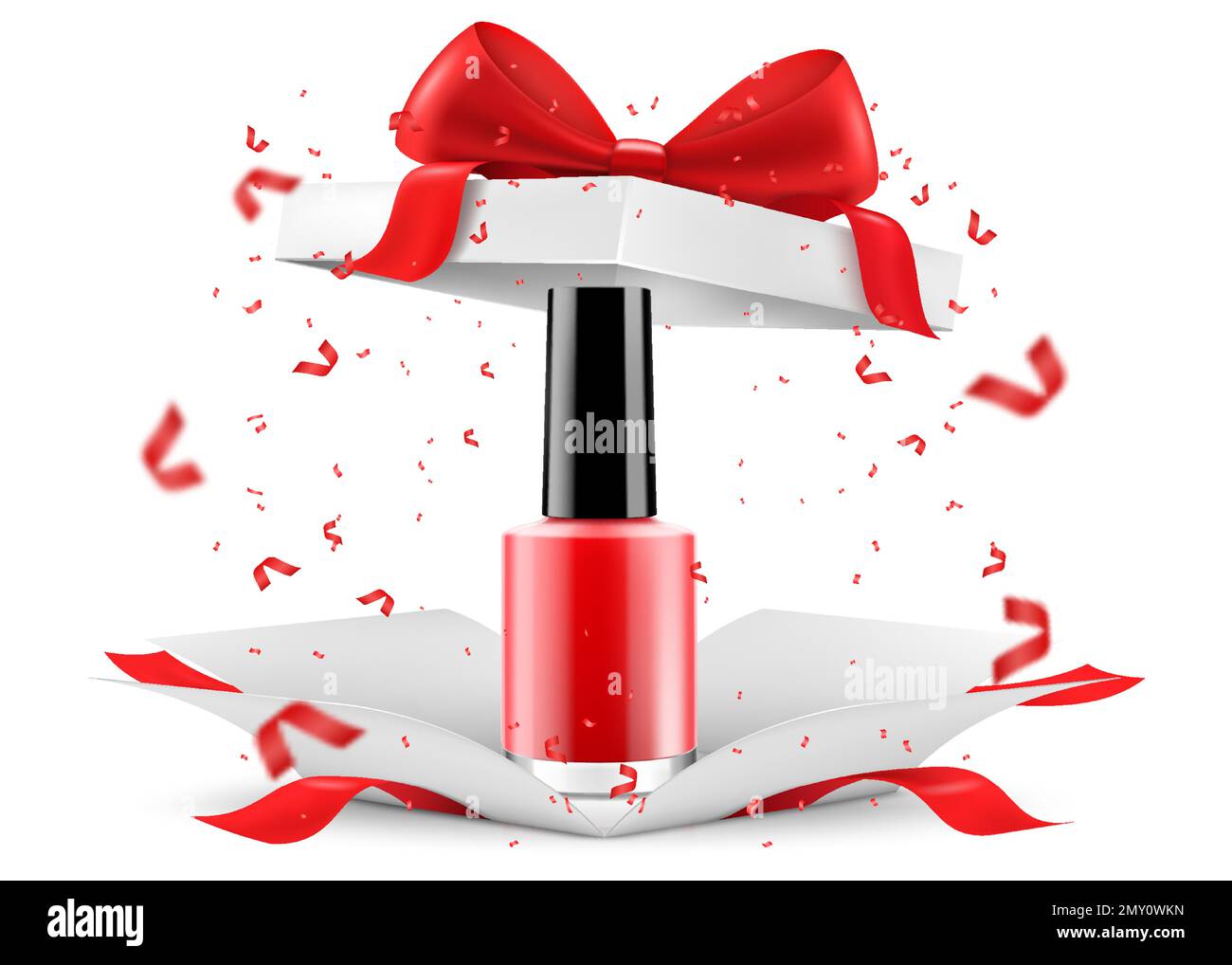 Shiny red nail polish bottle inside open gift box, isolated on white
