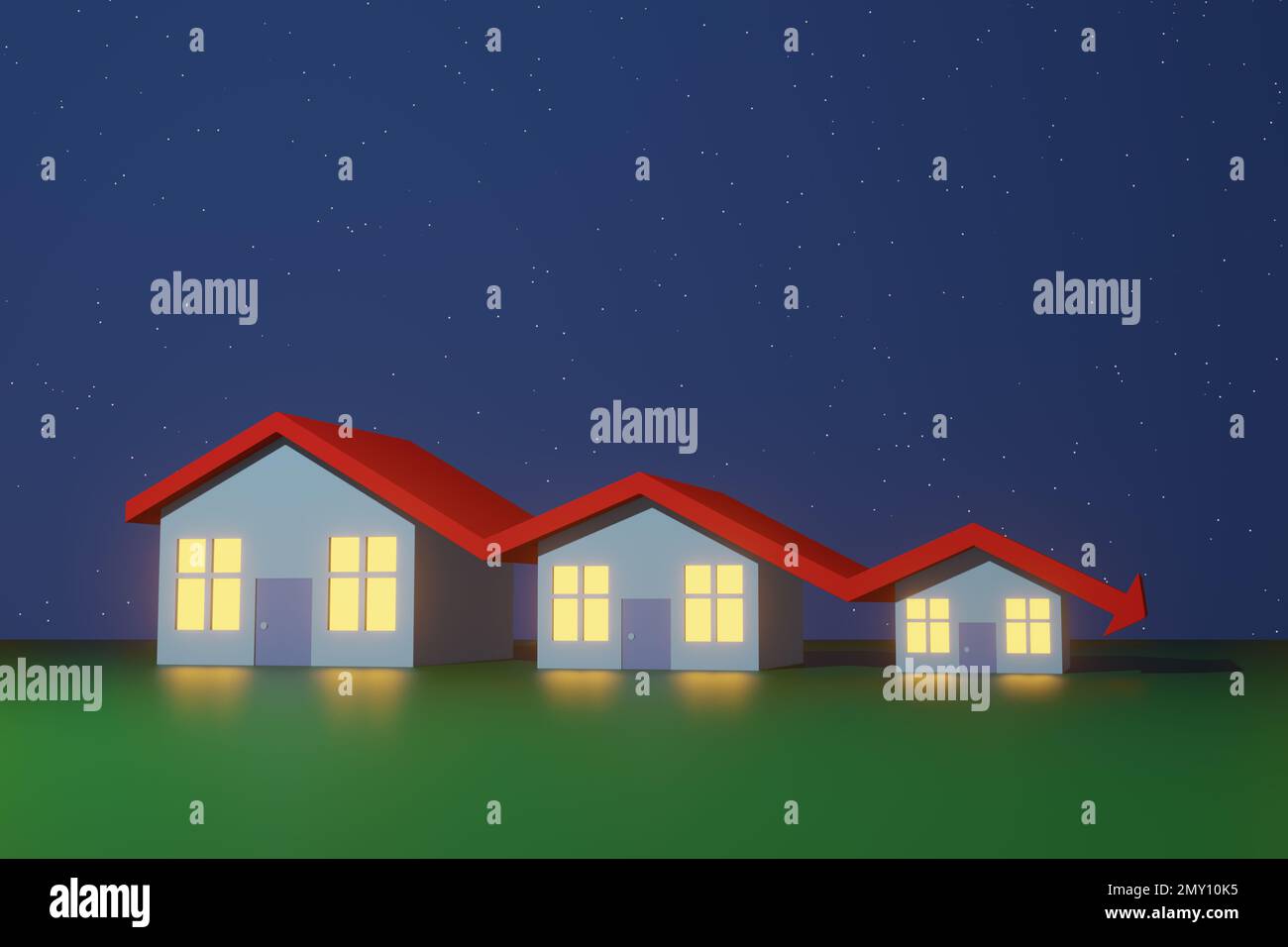 Large, medium and small houses link together by a downward red arrow as ...
