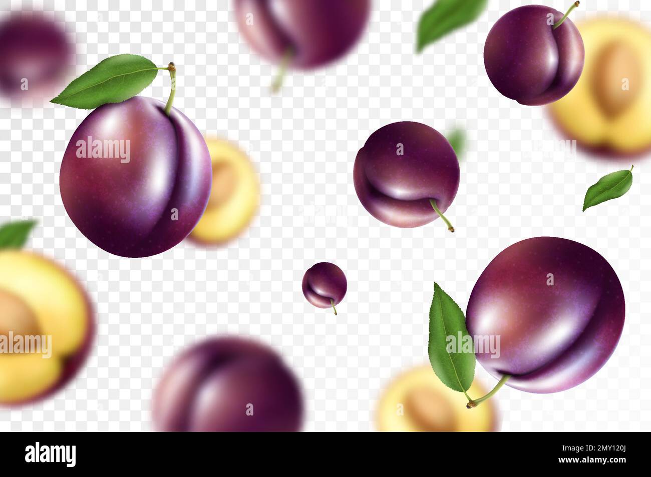 Falling plums, isolated on transparent background. Flying whole and