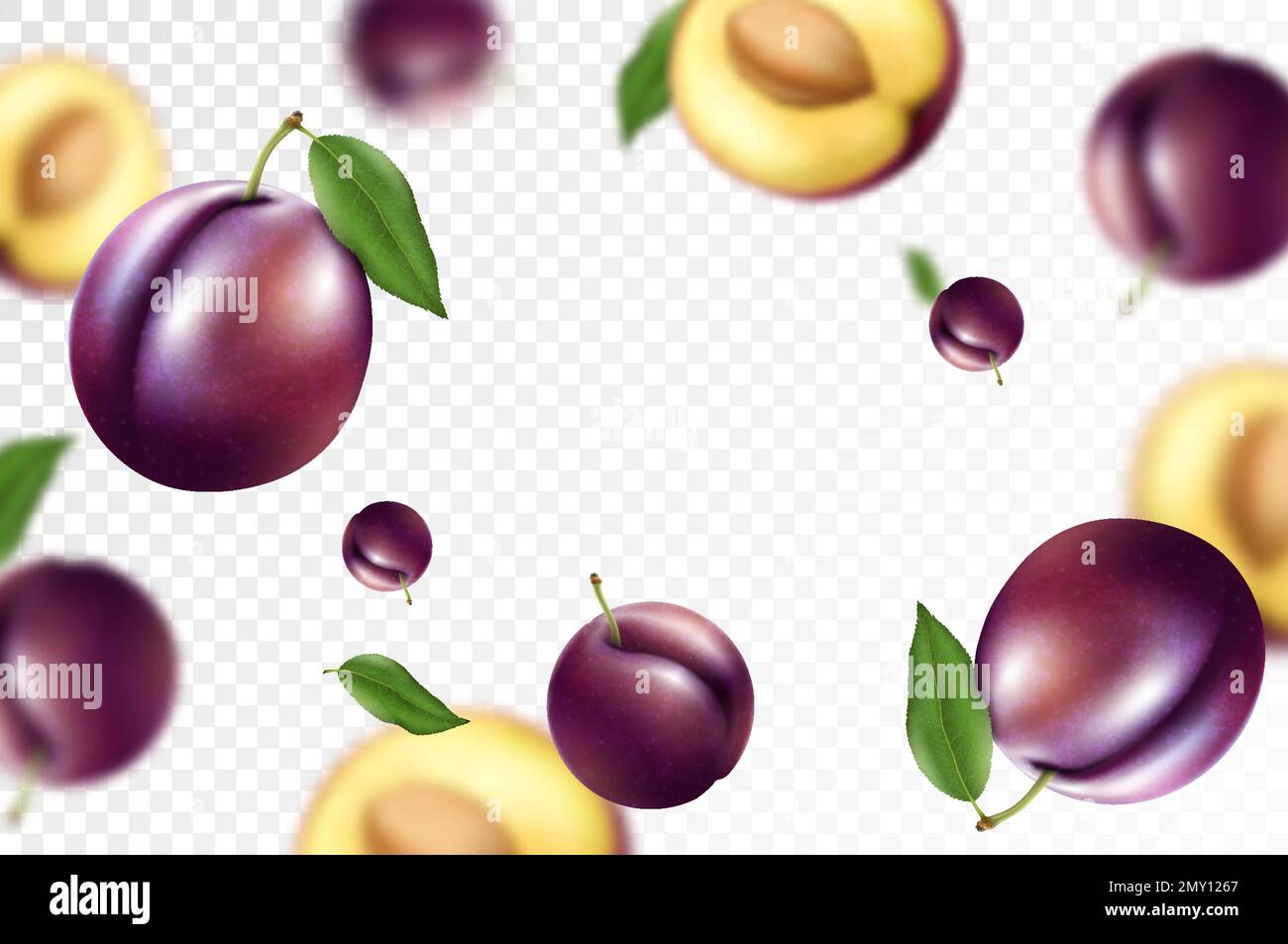 Falling plums, isolated on transparent background. Flying whole and