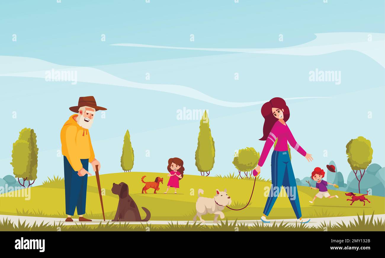 Dog walking cartoon poster with happy pet owners in park vector illustration Stock Vector