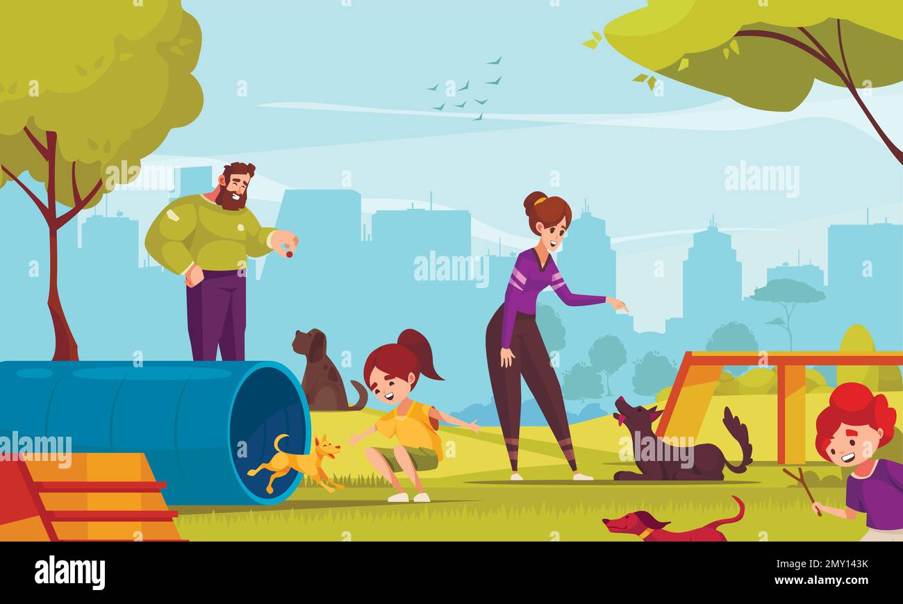 Dog playground cartoon poster with adults and kids traning their pets vector illustration Stock Vector