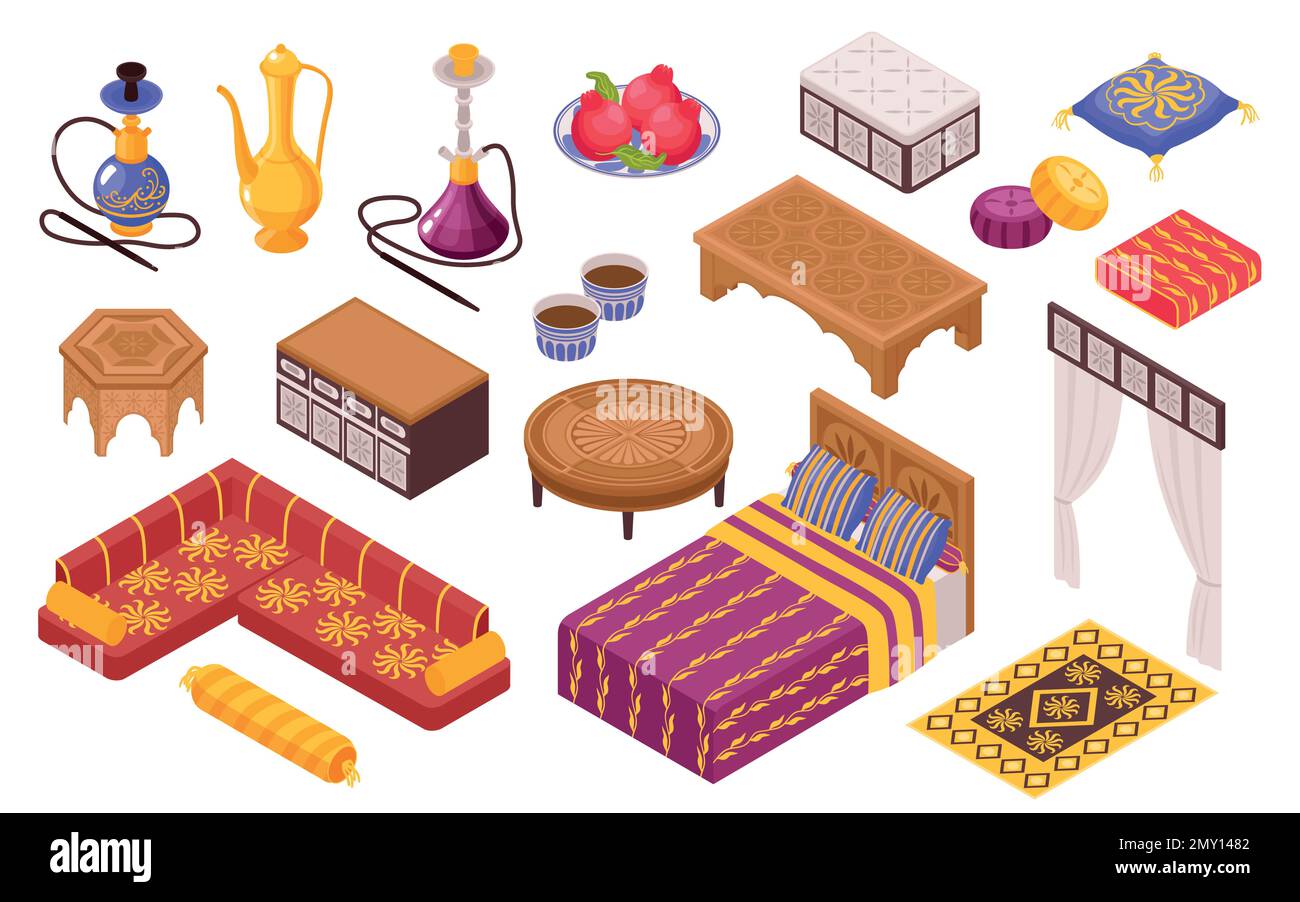 Middle eastern style furniture set with sofa and hookah isometric