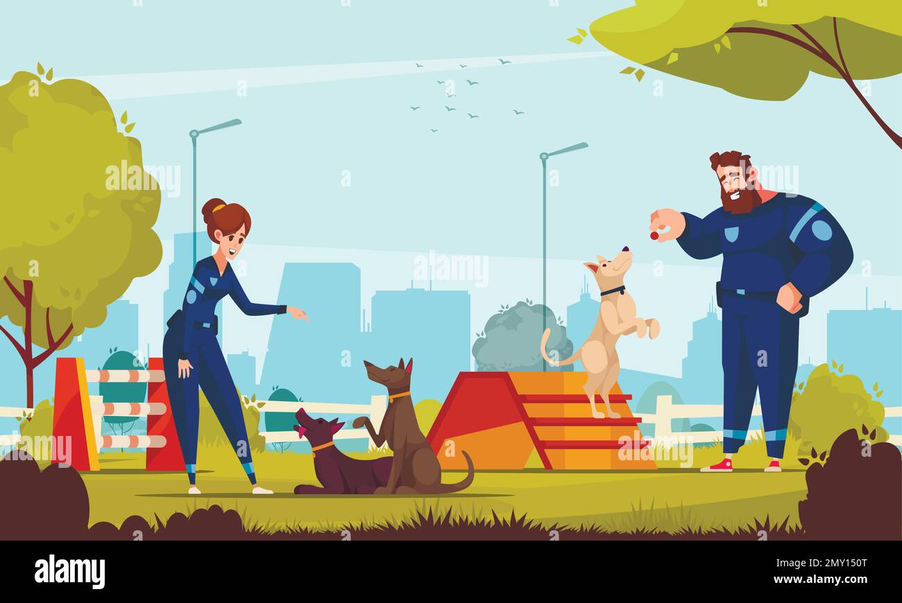 Cynologist cartoon poster with people training dogs on outdoor playground vector illustration Stock Vector