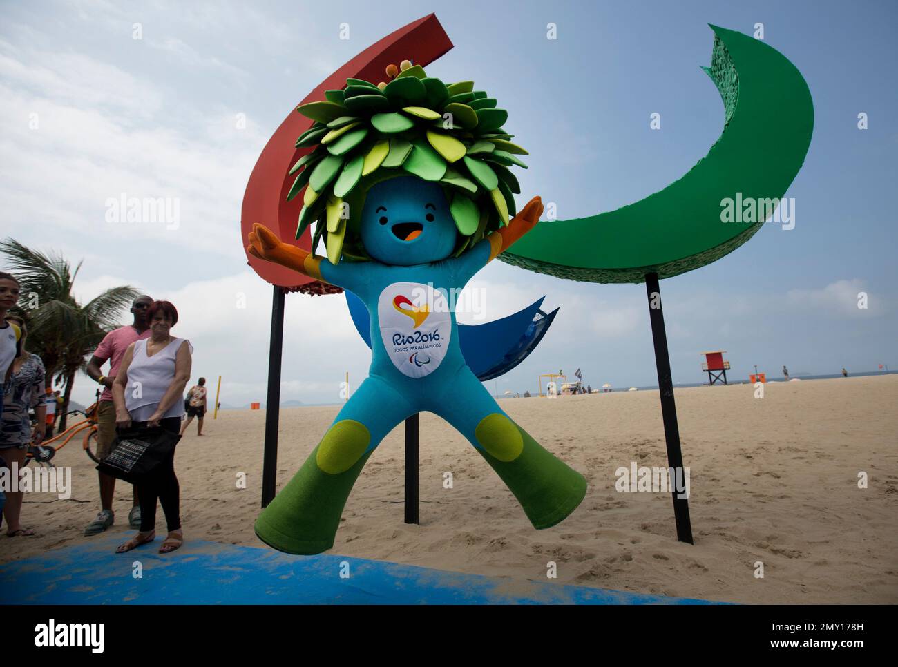 Tom, the mascot of the Rio Paralympics Games, jumps in front of the