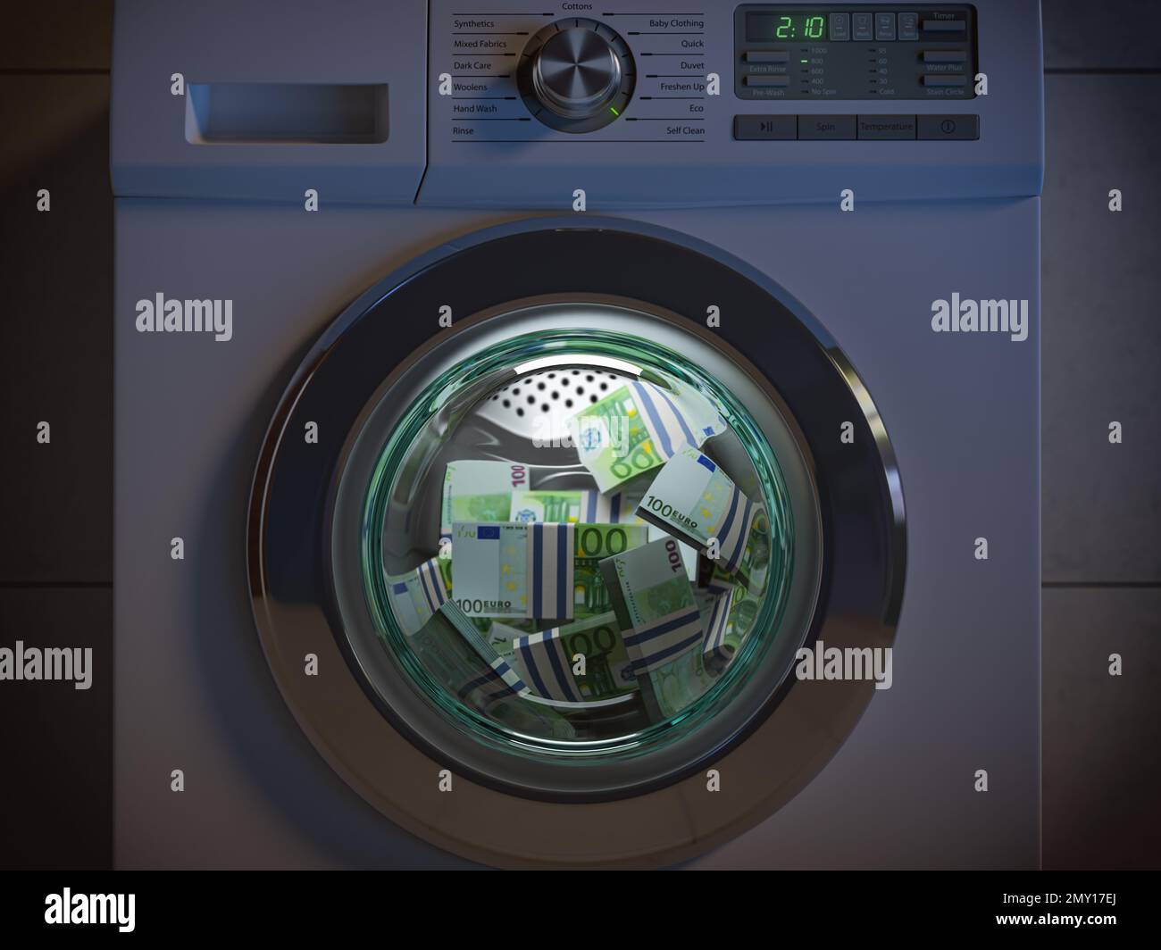 Dirty money laundering concept. Euro packs laundering in washing machine under clioud of night. 3d illustration Stock Photo
