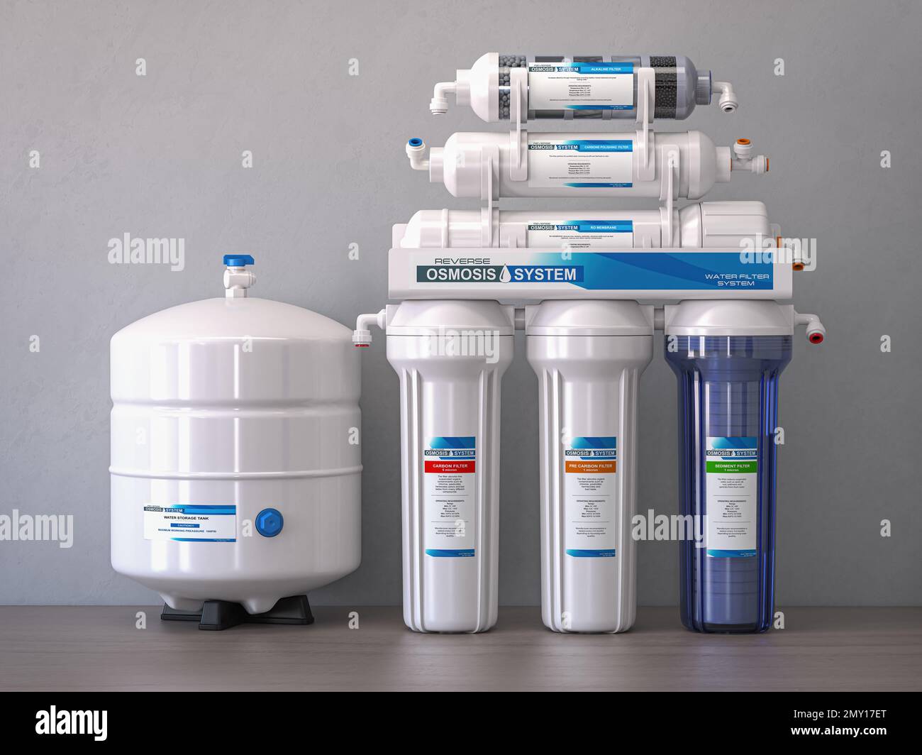 Reverse osmosis water purification system isolaterd on a kitchen table. Water cleaning system. 3d illustration Stock Photo