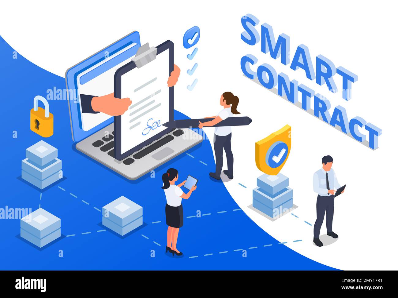 Smart Contract Agreement Electronic Signature Isometric Composition With Business People And 