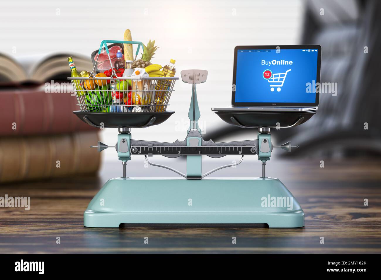 Buying food online and offline comparision concept. Shopping basket