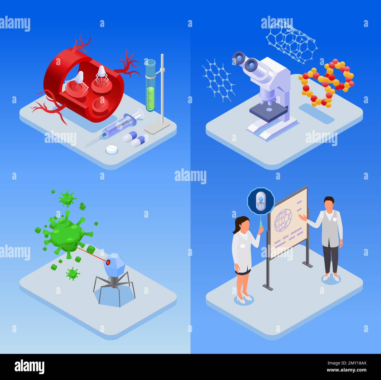 Isometric nanotechnology nanomedicine set with nanorobots being used for diseases treatment characters of scientists microscope isolated on blue backg Stock Vector