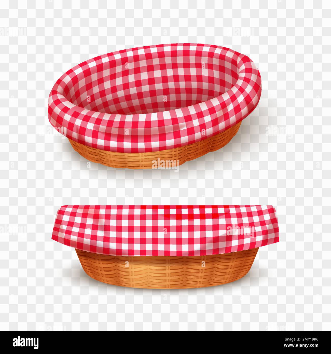 Empty oval wicker basket with red and white checkered cloth realistic ...