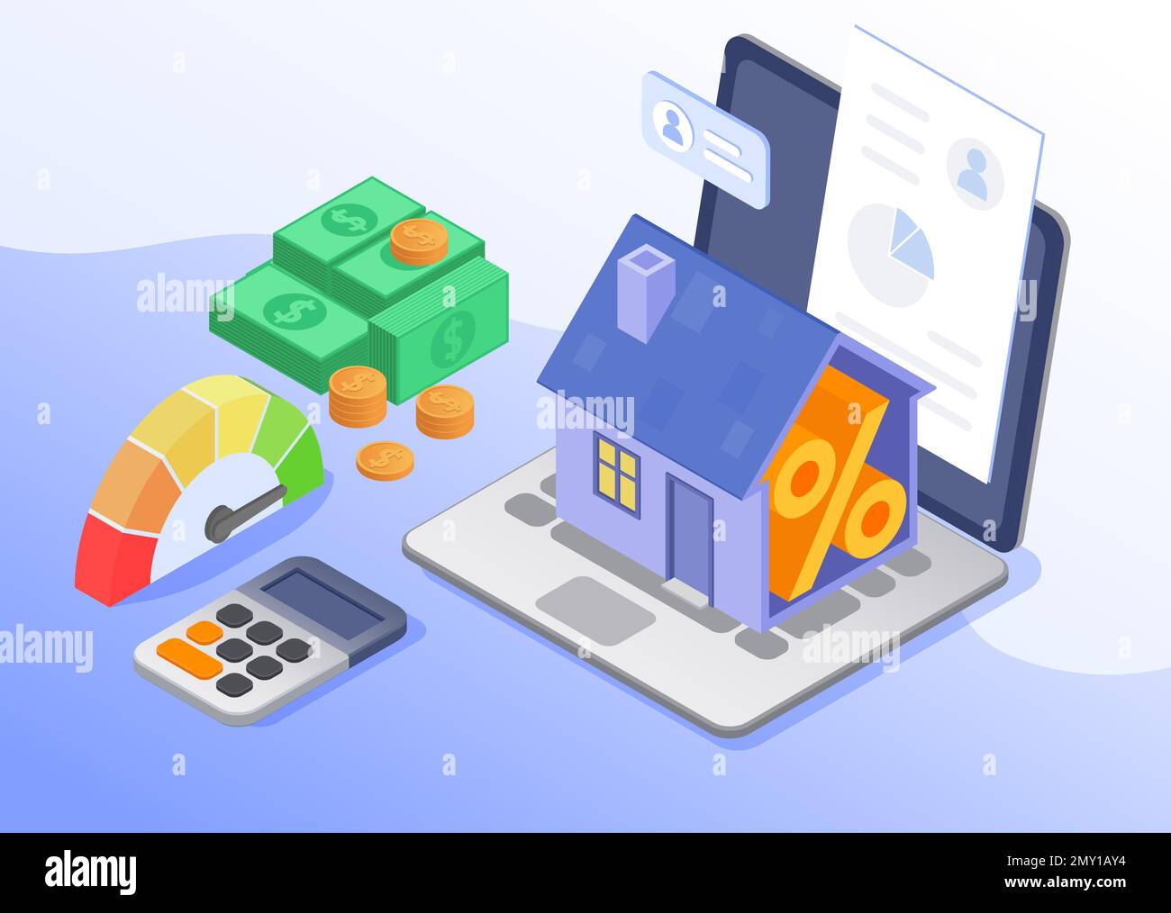 Isometric bank loan mortgage composition with money calculator credit