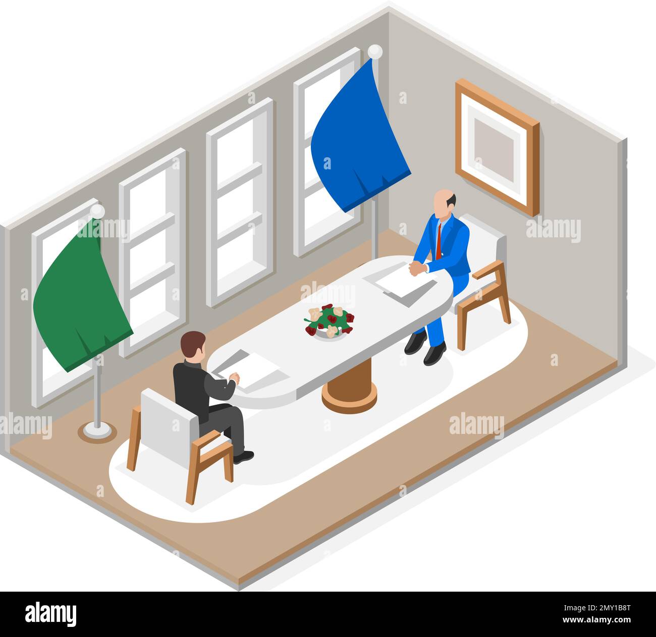 Diplomacy and diplomat isometric composition two high ranking officials sitting across the table from each other vector illustration Stock Vector