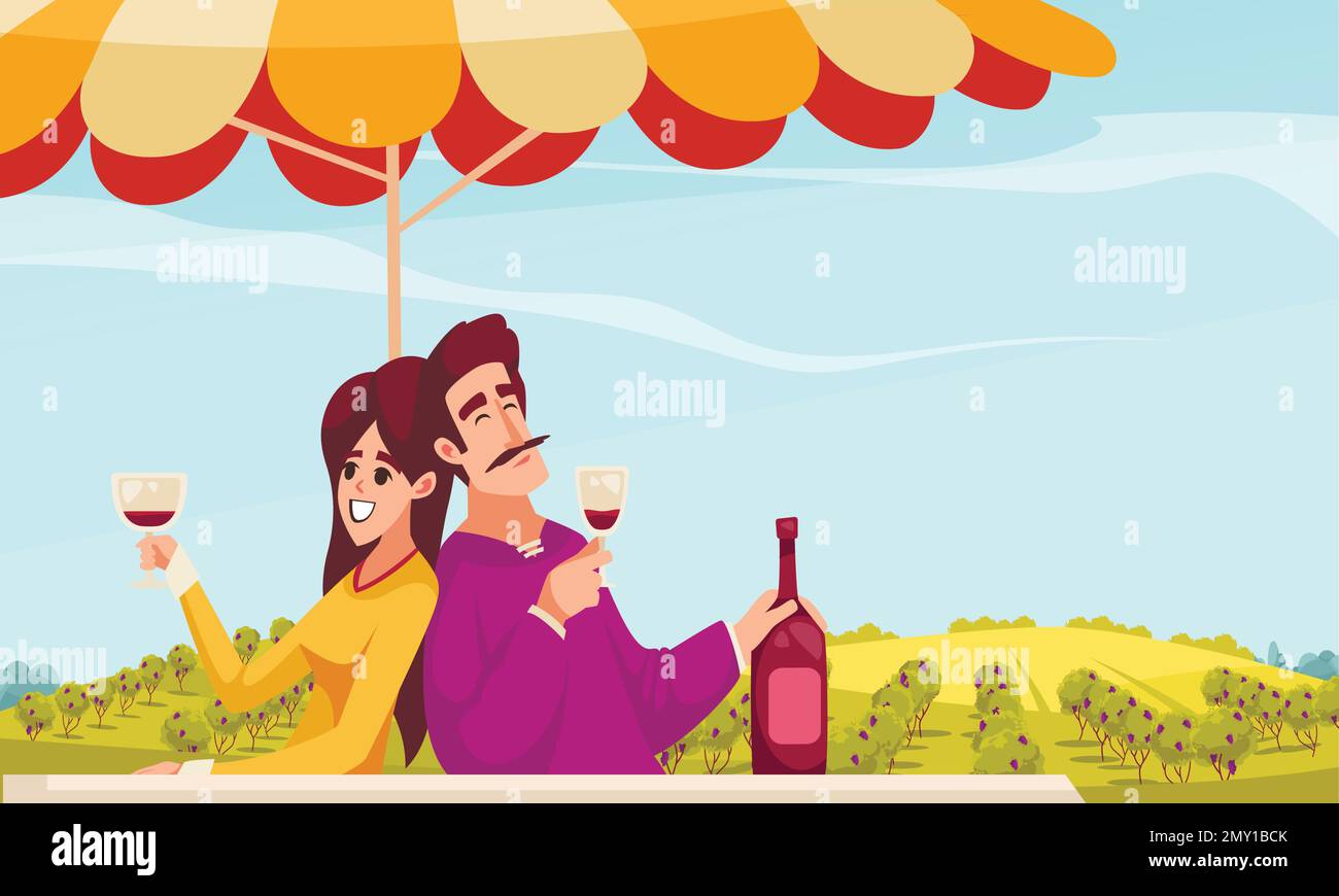 Wine cartoon composition with young couple drinking outdoors vector illustration Stock Vector