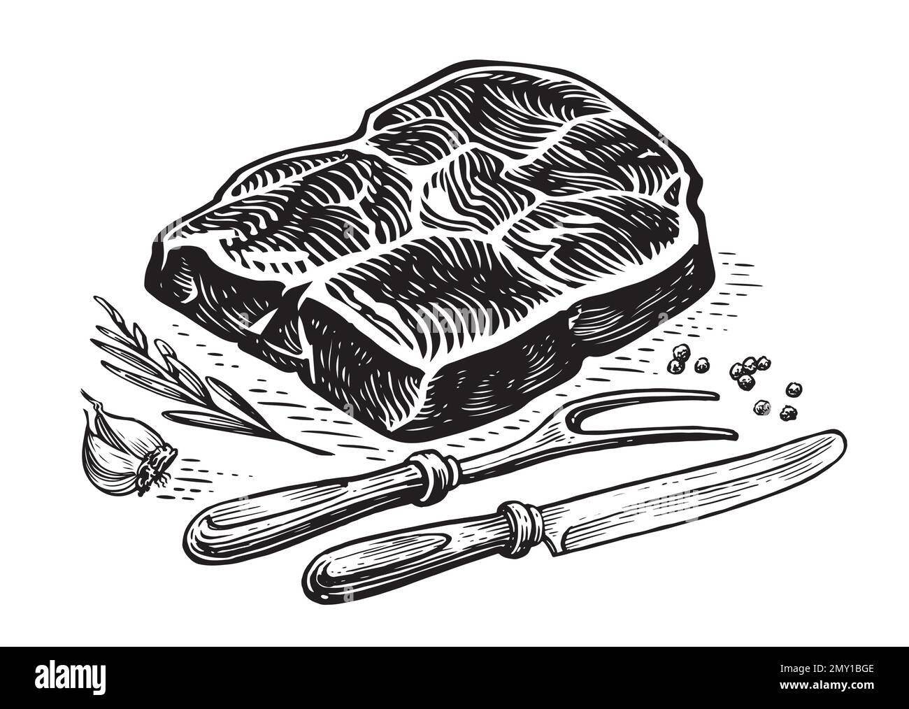 Grilled steak with knife and fork. Cooking beef, barbecue. Meat dish