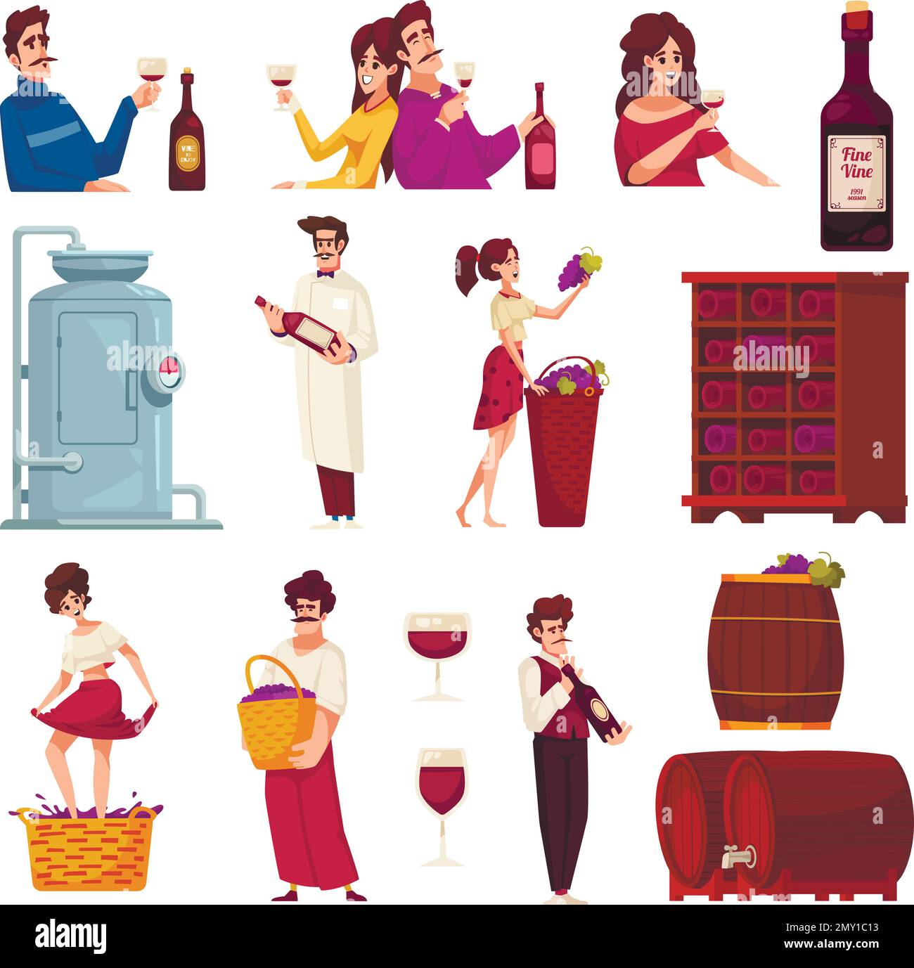 Wine cartoon icons set with production and drinking scenes isolated vector illustration Stock Vector