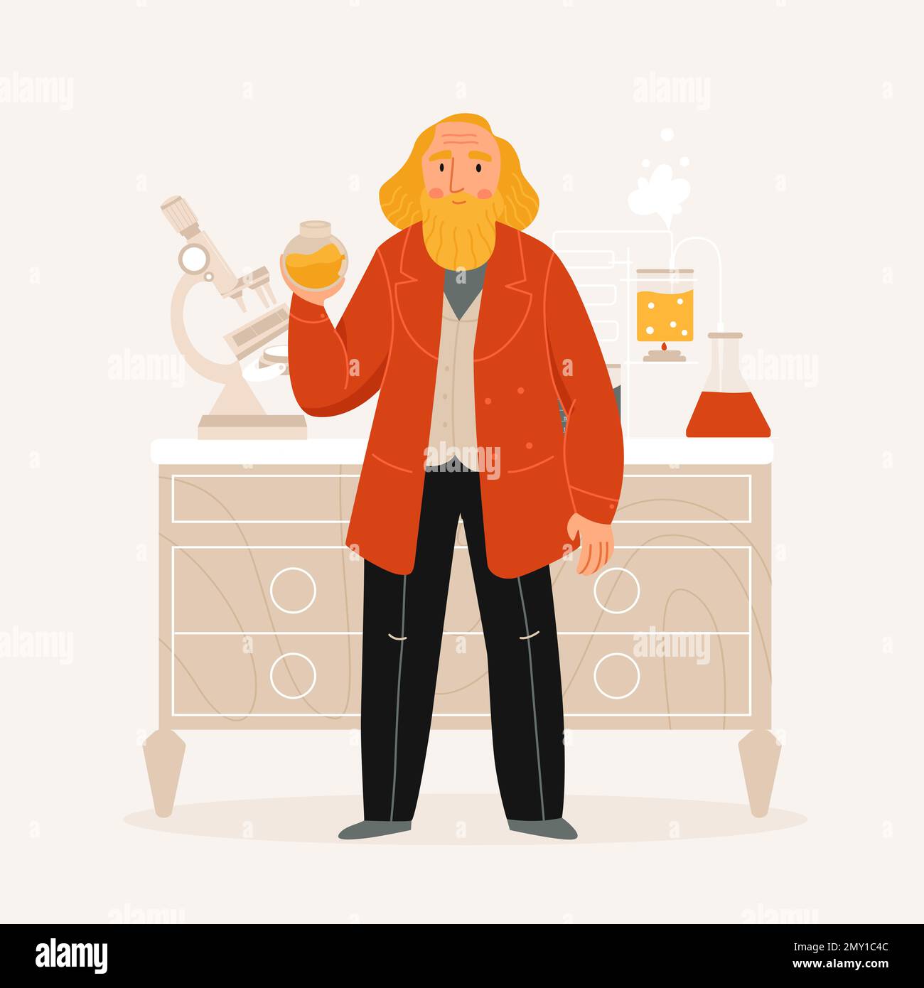 Great russian scientist dmitri mendeleev in his laboratory flat vector